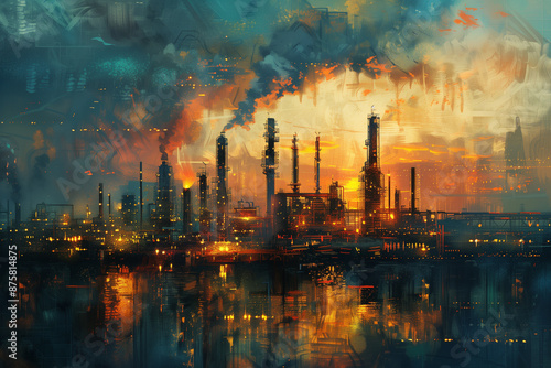 Graphic of cloud technology overlay on huge oil and gas refinery in modern theme. © behindlens