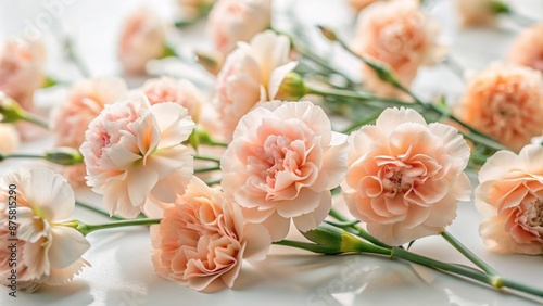 Softly lit, delicate peach pink carnations scattered across a pristine white background, evoking feelings of serenity and gentle romance.