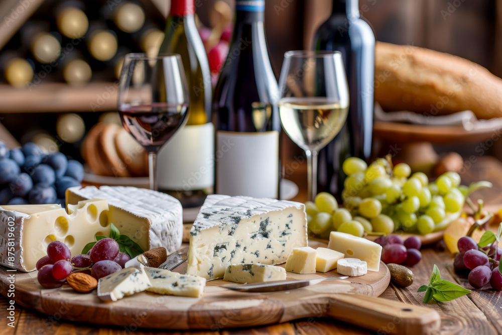 Wine bottles and wine glasses on the table and a cheese platter. AI generative. Wine bottles and wine glasses on the table and a cheese platter. AI generative.