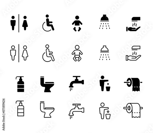 collection of restroom icons, black solid and editable stroke line