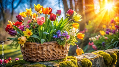 Fototapeta Naklejka Na Ścianę i Meble -  Vibrant bouquet of peonies and roses spills out of rustic wooden basket on worn stone garden bench amidst lush greenery.