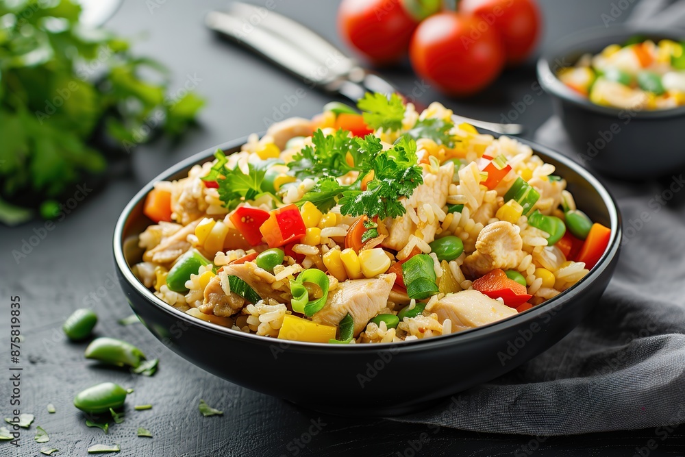 Colorful Chicken Fried Rice with Vegetables in a Black Bowl Colorful Chicken Fried Rice with Vegetables in a Black Bowl