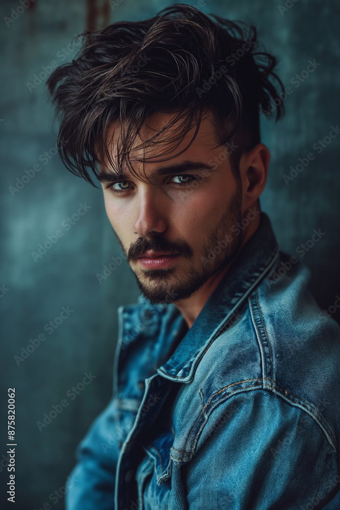 A man with tousled hair and a beard in a denim jacket looking intensely at the camera A man with tousled hair and a beard in a denim jacket looking intensely at the camera
