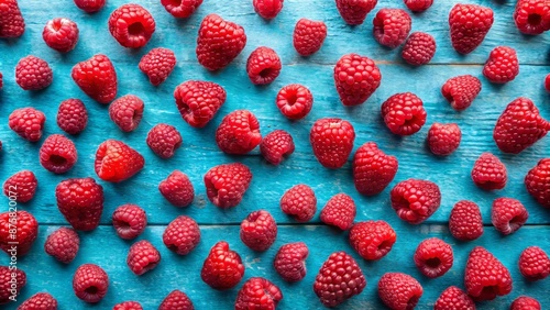 Vibrant, fresh, ripe, and juicy red raspberries scattered on a natural and organic blue background, evoking sweet summer fruit nostalgia. photo