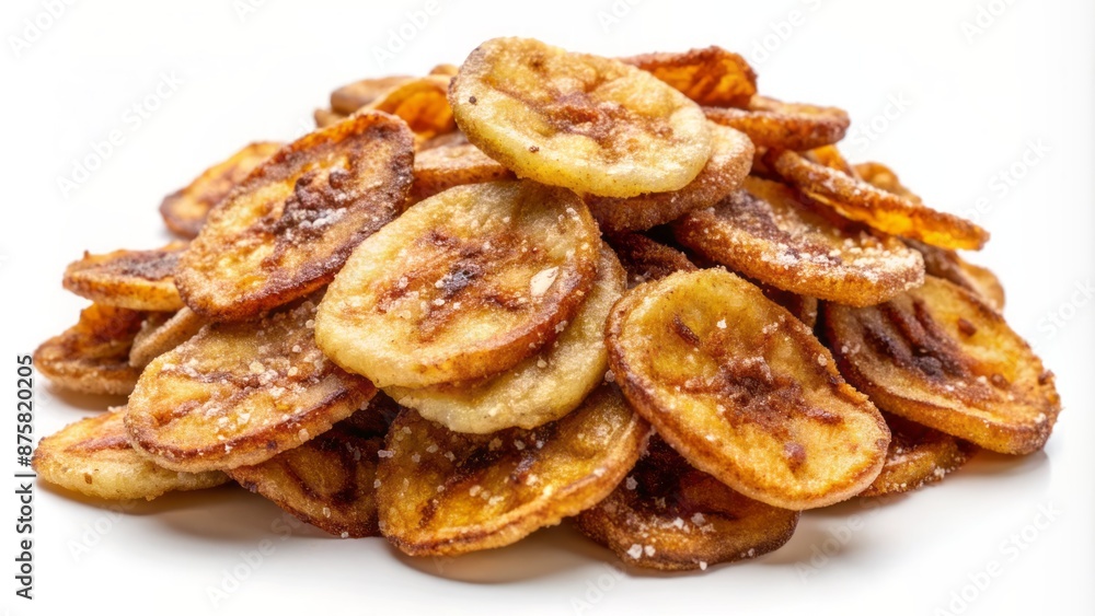 Golden brown banana chips sprinkled with caramel and sugar crystals isolated on a pure white clean minimalist background. Golden brown banana chips sprinkled with caramel and sugar crystals isolated on a pure white clean minimalist background.