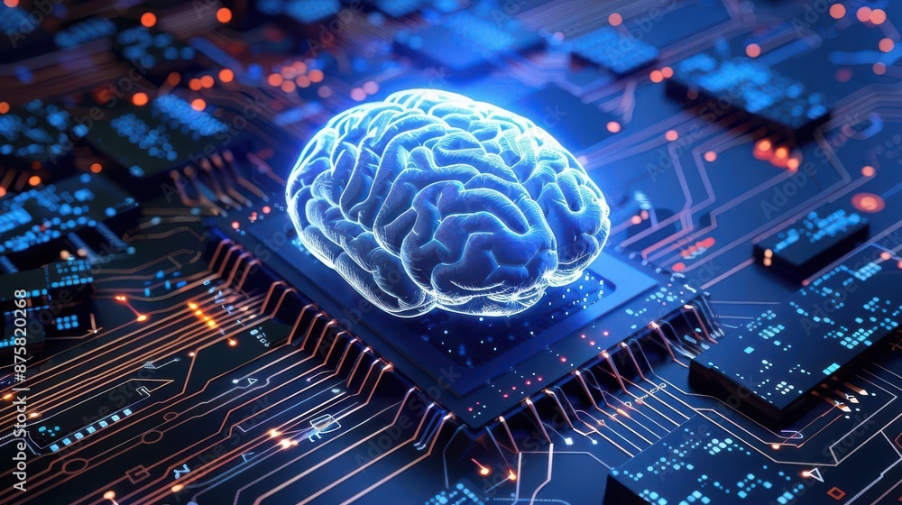 Generate an image of a brain on a circuit board. The brain should be blue and the background should be black. The image should be 1024x768 resolution. Generate an image of a brain on a circuit board. The brain should be blue and the background should be black. The image should be 1024x768 resolution.