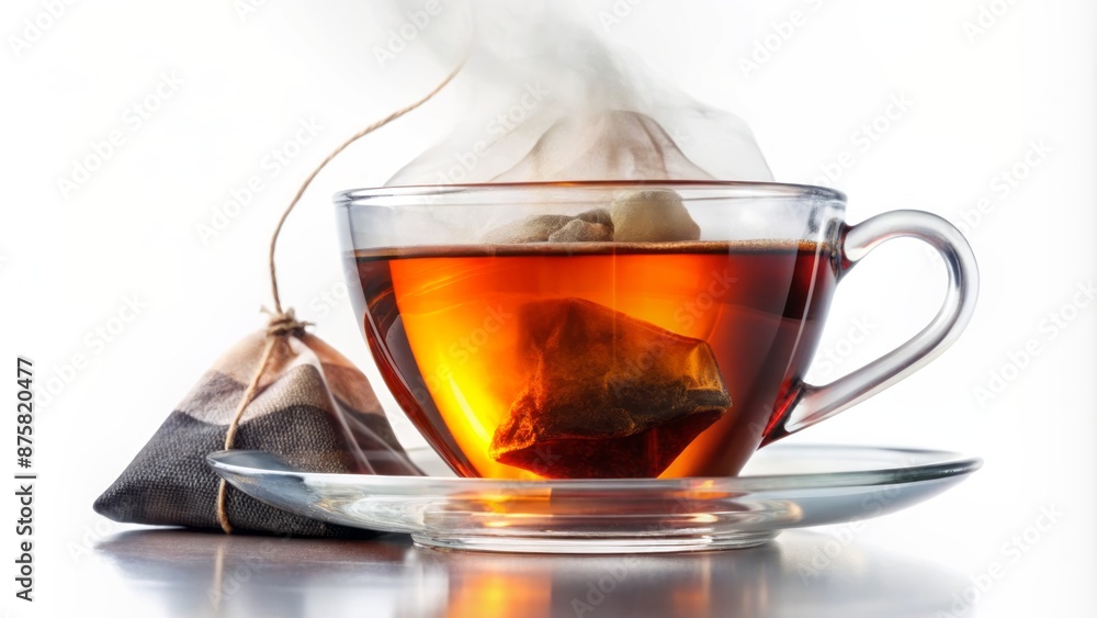 Steaming hot cup of premium loose-leaf black tea with tea bag, isolated on a clean and crisp white background, perfectly lit. Steaming hot cup of premium loose-leaf black tea with tea bag, isolated on a clean and crisp white background, perfectly lit.