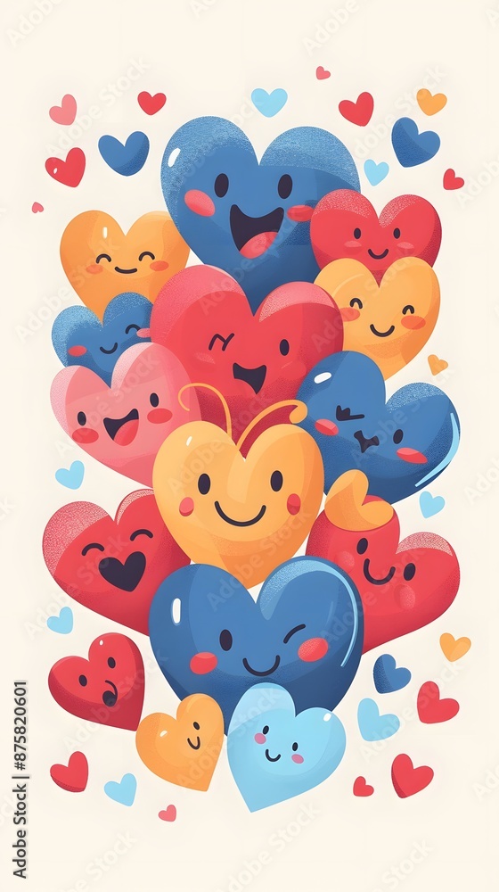 A cluster of colorful cartoon hearts with smiling faces. A cluster of colorful cartoon hearts with smiling faces.