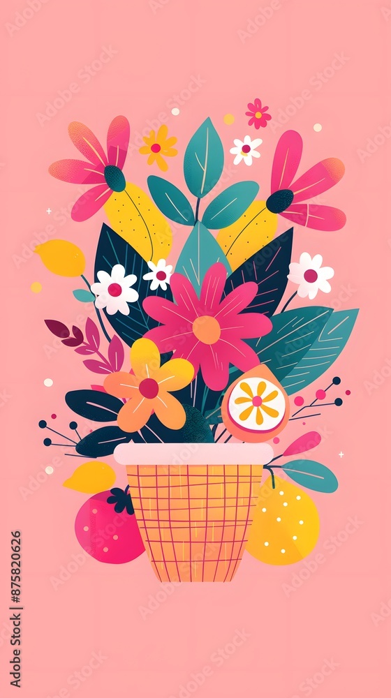 A colorful bouquet of flowers in a wicker basket with strawberries and lemons on a pink background. A colorful bouquet of flowers in a wicker basket with strawberries and lemons on a pink background.