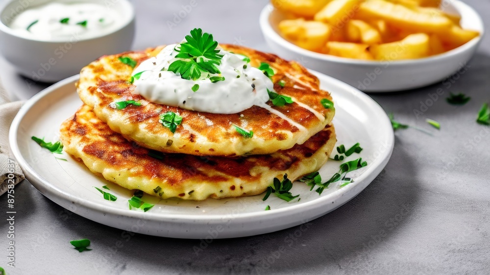 Potato pancakes with garlic and parsley, with sour cream sauce with golden fries. Potato pancakes with garlic and parsley, with sour cream sauce with golden fries.