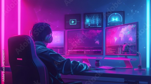 Wallpaper Mural A gamer sits in a dimly lit room with neon lights, focused on the screen in front of him. Torontodigital.ca