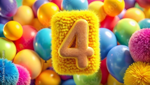 Vibrant yellow fluffy number four icon with blurred colorful balloons on a bright background for kids' birthday celebration invitation.