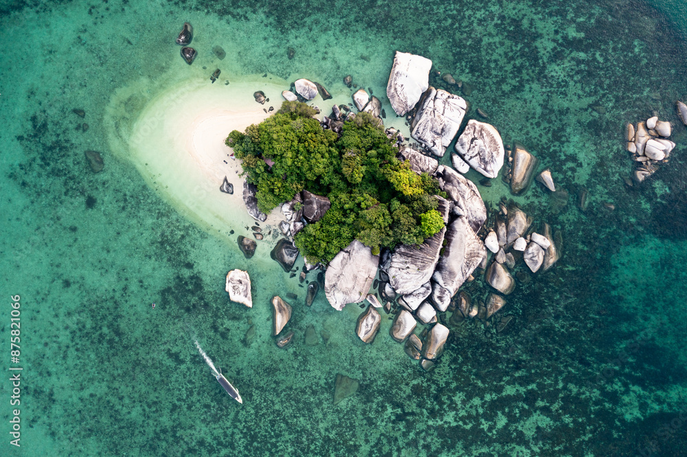Belitung, Indonesia: Aerial overhead view of the idyllic Belitung island with its famous granite rocks in Indonesia.