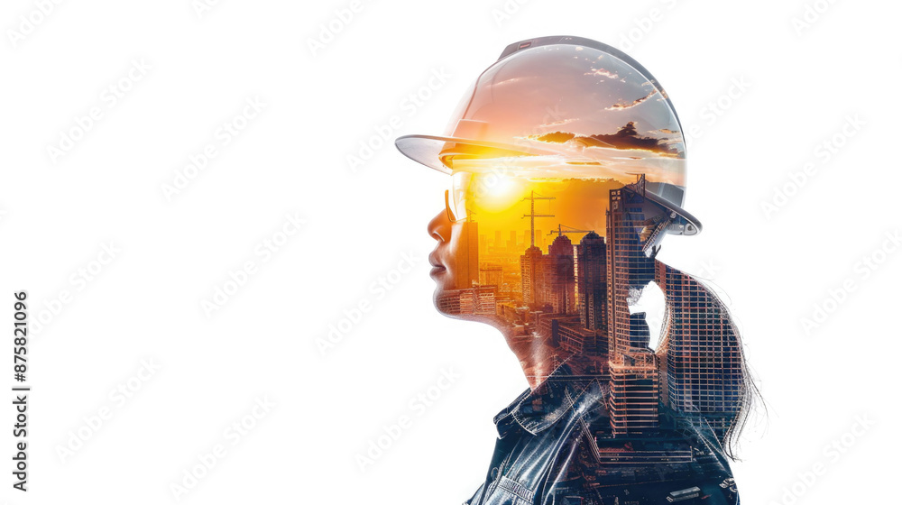 Portrait of a construction worker man with safety helmet letting see city buildings under construction. Transparent background or PNG file Portrait of a construction worker man with safety helmet letting see city buildings under construction. Transparent background or PNG file