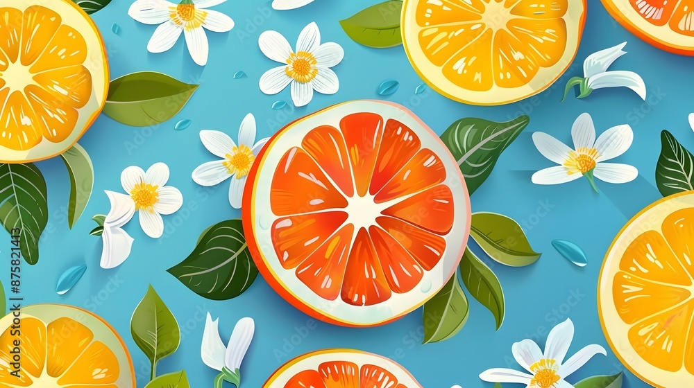 A vibrant pattern of orange slices, leaves, and white flowers on a blue background. A vibrant pattern of orange slices, leaves, and white flowers on a blue background.