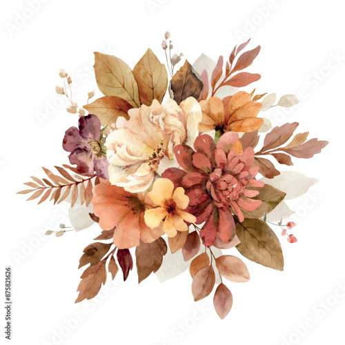 Autumn flowers and leaves bouquet. Watercolor floral arrangement. Burnt orange, burgundy and terracotta flowers for rustic wedding design, greeting cards, thanksgiving decoration. Vector illustration.