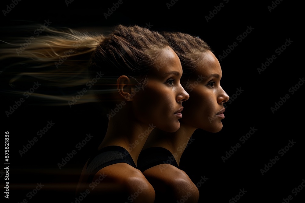 Energetic Double Exposure Portrait of a Woman in Motion with Vibrant Headband Energetic Double Exposure Portrait of a Woman in Motion with Vibrant Headband