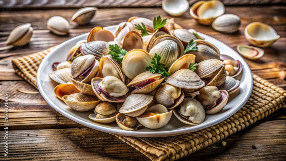 Freshly harvested, raw, small, open wedge clams, known as chirlas in Spain, overflow a pristine white plate on a rustic surface. Freshly harvested, raw, small, open wedge clams, known as chirlas in Spain, overflow a pristine white plate on a rustic surface.