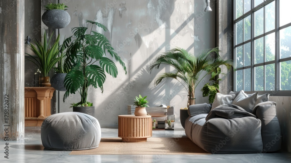 Modern Living Room with Lush Greenery and Sunlight Modern Living Room with Lush Greenery and Sunlight
