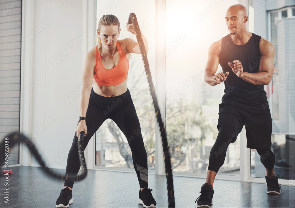Fitness, rope and people with exercise in class for muscle development, strength and support in cardio. Gym, personal trainer and woman with help for resilience, challenge and high intensity workout Fitness, rope and people with exercise in class for muscle development, strength and support in cardio. Gym, personal trainer and woman with help for resilience, challenge and high intensity workout
