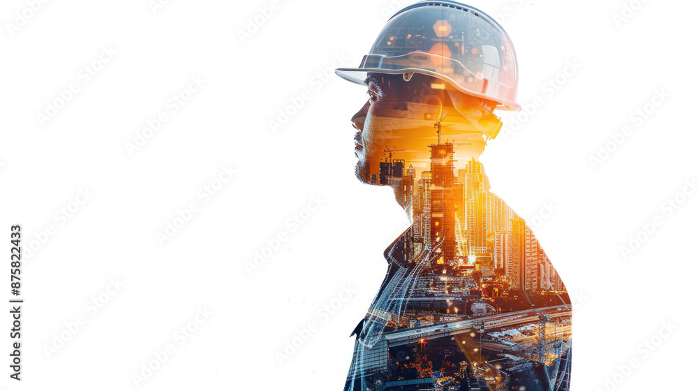 Portrait of a construction worker man with safety helmet letting see city buildings under construction. Transparent background or PNG file Portrait of a construction worker man with safety helmet letting see city buildings under construction. Transparent background or PNG file