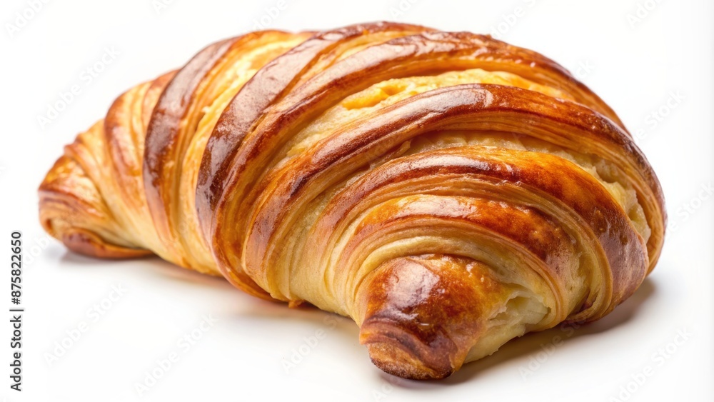 Flaky, golden-brown, crescent-shaped pastry lies horizontally on a pristine, clean, white, empty, and spotless background, perfectly lit. Flaky, golden-brown, crescent-shaped pastry lies horizontally on a pristine, clean, white, empty, and spotless background, perfectly lit.