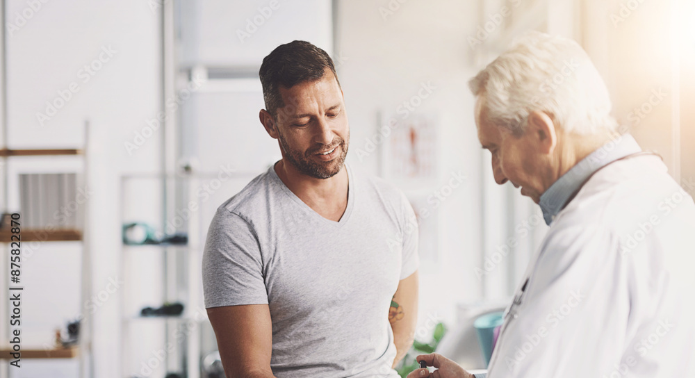 Fototapeta premium Doctor, man and patient in consultation or healthcare with insulin pen for diabetes, injection and treatment. Senior professional, health insurance and glucose check with blood pressure and checkup