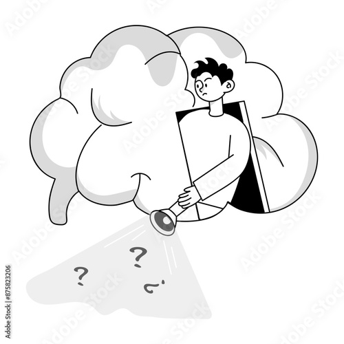 Person finding with torch denoting amnesia, doodle mini illustration 

