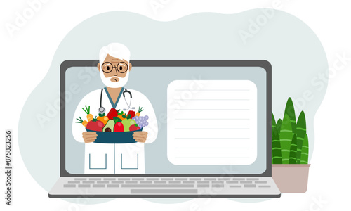 Online video or consultation of a male doctor on a laptop. Dietitian, nutritionist.