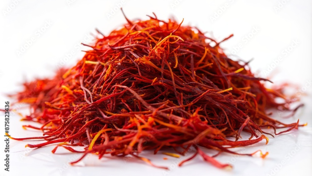 Naklejka premium Vibrant crimson threads of saffron powder sit delicately on a pristine white background, showcasing the prized cooking additive and spice.