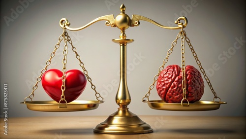 A delicate balance scale weighed down by a golden brain on one side and a crimson heart on the other, symbolizing reason versus emotion.