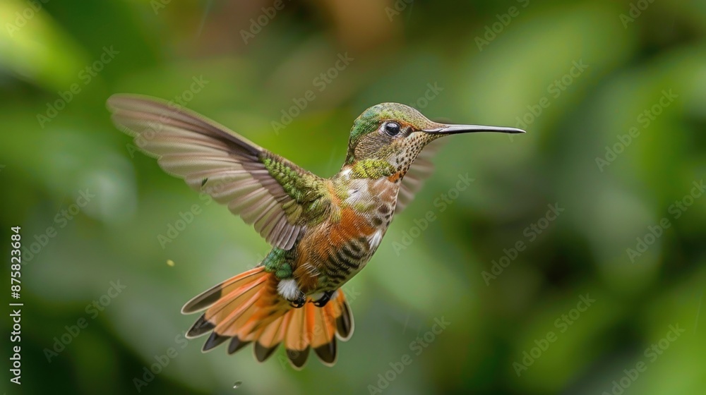 Hummingbird in Flight against Green Background Hummingbird in Flight against Green Background