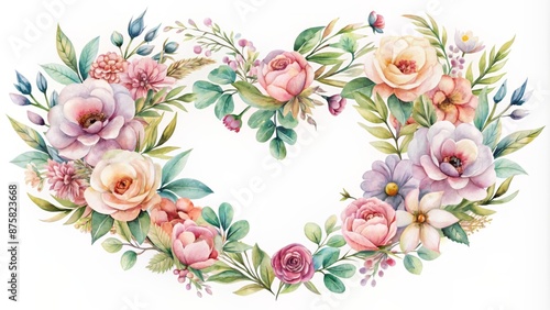 Delicate heart-shaped wreath adorned with soft, pastel-colored flowers in watercolor style, symbolizing love and romance on Valentine's Day.