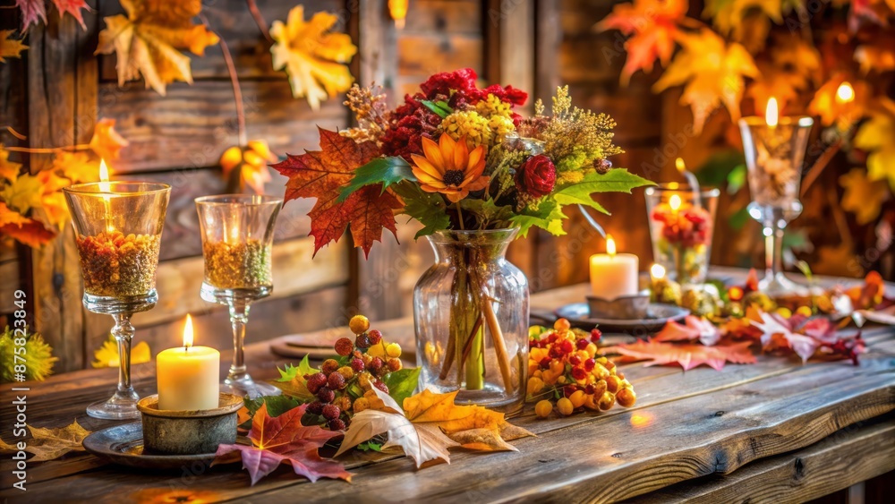 Fototapeta premium Vibrant autumn leaves scatter across a rustic wooden table adorned with elegant floral arrangements and delicate glass wedding decorations.