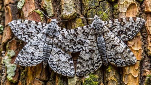 Dark and light peppered moths, Biston betularia, perch on contrasting tree bark, showcasing adaptive camouflage, industrial melanism evolution, in nature. photo