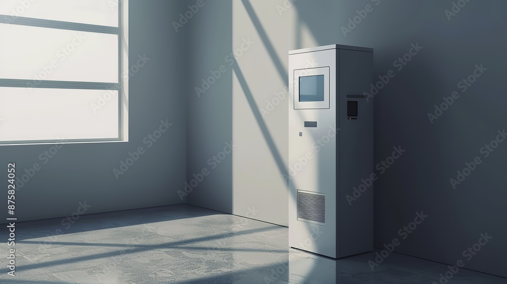 Minimalist cardboard style digital signage kiosk mockup on grey background. Modern display stand design for advertising with blank screen. Minimalist cardboard style digital signage kiosk mockup on grey background. Modern display stand design for advertising with blank screen.