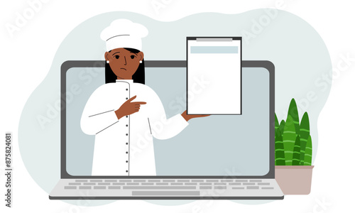 Female cook in a cap. Video, online ordering, menu.