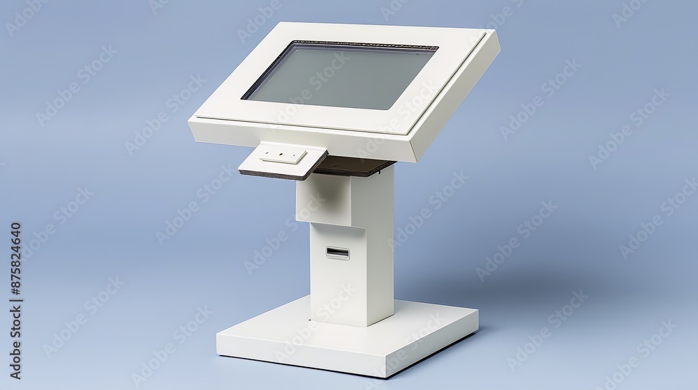Minimalist cardboard style digital signage kiosk mockup on grey background. Modern display stand design for advertising with blank screen Minimalist cardboard style digital signage kiosk mockup on grey background. Modern display stand design for advertising with blank screen