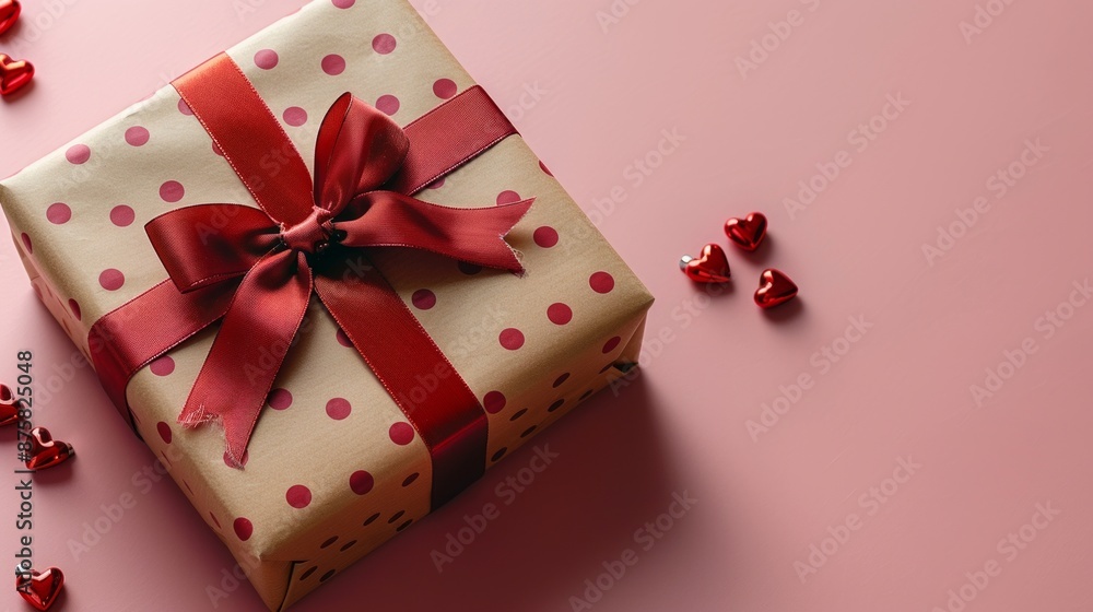 Gift Box with Red Bow and Hearts on Pink Background Gift Box with Red Bow and Hearts on Pink Background