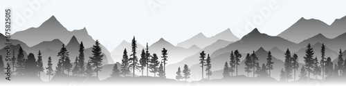 Mountain range and forest isolated on white background, panoramic view, vector illustration	