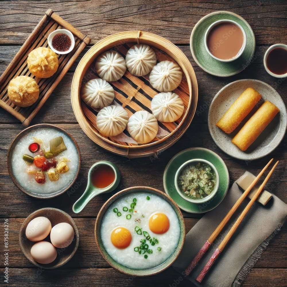 Traditional Chinese Breakfast: Delicious Dim Sum and Congee with Eggs and Tea Traditional Chinese Breakfast: Delicious Dim Sum and Congee with Eggs and Tea