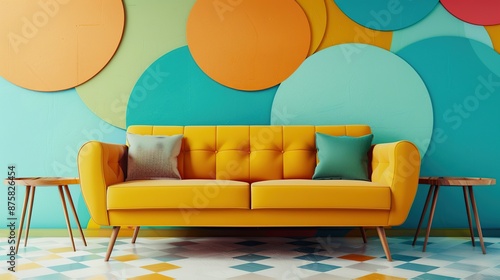 Retro Futuristic Living Room Interior Design with Yellow Couch and Geometric Wall photo