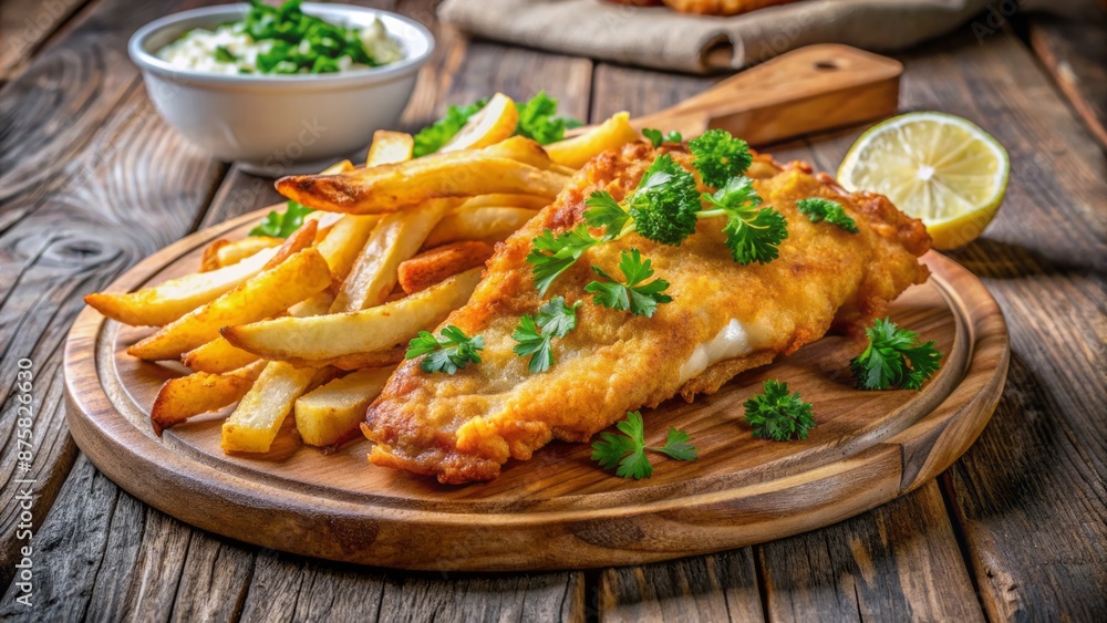 Golden beer-battered cod or haddock sits atop a mountain of crispy, thick-cut fries on a rustic wooden table setting. Golden beer-battered cod or haddock sits atop a mountain of crispy, thick-cut fries on a rustic wooden table setting.
