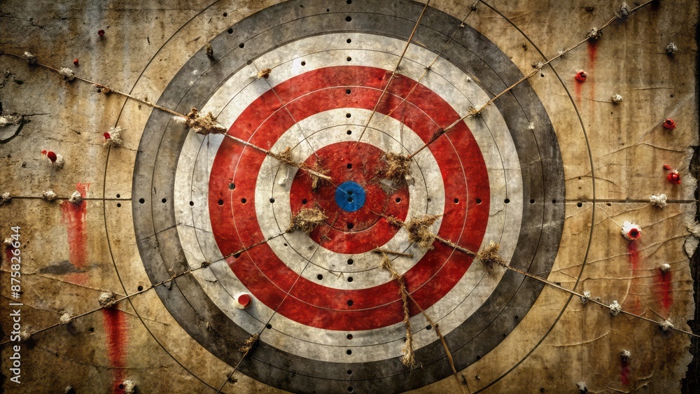Aged, worn, and weathered bullseye logo with bullet holes, torn edges, and frayed strings on a distressed, grimy urban background. Aged, worn, and weathered bullseye logo with bullet holes, torn edges, and frayed strings on a distressed, grimy urban background.