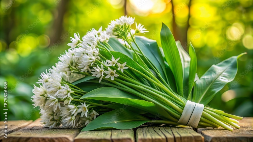 Obraz premium Freshly harvested Bear's Garlic bunches with dew-kissed leaves and delicate white flowers against a blurred natural green background.