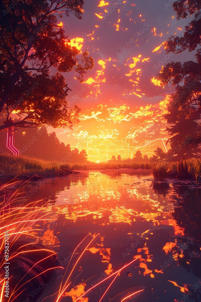 futuristic landscape with glowing trees and river futuristic landscape with glowing trees and river