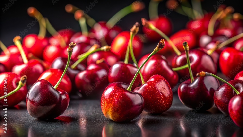 Vibrant red cherries overflow from a ornate bowl on a dark black background, illuminated by warm golden lighting, evoking sensuality. Vibrant red cherries overflow from a ornate bowl on a dark black background, illuminated by warm golden lighting, evoking sensuality.