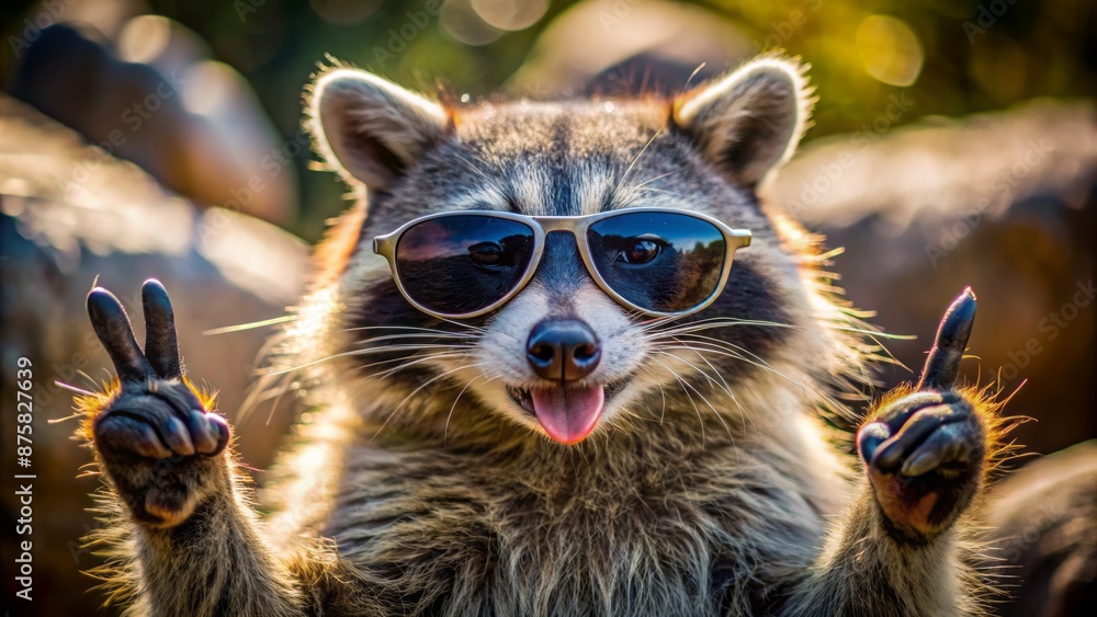 A playful raccoon wearing trendy sunglasses throws a rebellious rock hand sign in a humorous wildlife portrait. A playful raccoon wearing trendy sunglasses throws a rebellious rock hand sign in a humorous wildlife portrait.
