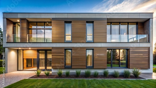 Contemporary exterior facade featuring a series of sleek horizontal casement windows forming a seamless linear design element. photo