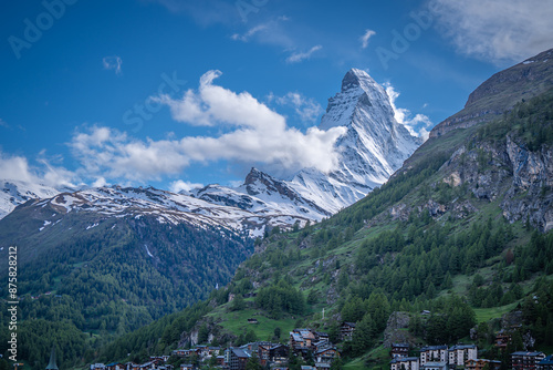 tourist go to travel in Zermatt to take a rest , walk ,hiking ,and see matterhorn mountain ,beautiful city viewpoint from top view Switzerland photo